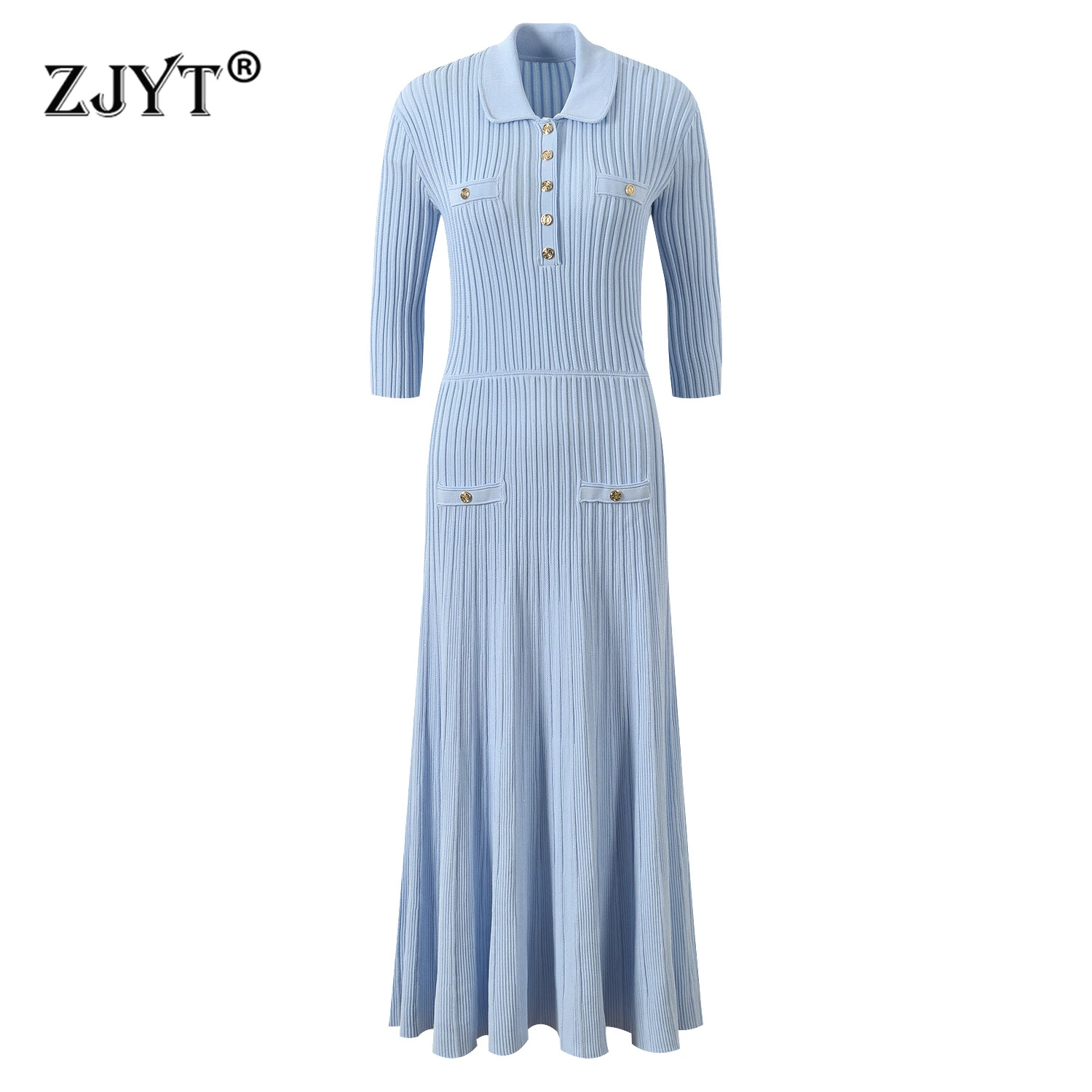 

ZJYT Autumn Women's Half Sleeve Midi Knitted Sweater Dresses 2025 New Fashion Turn Down Collar Sequined Black Casual Dress Blue