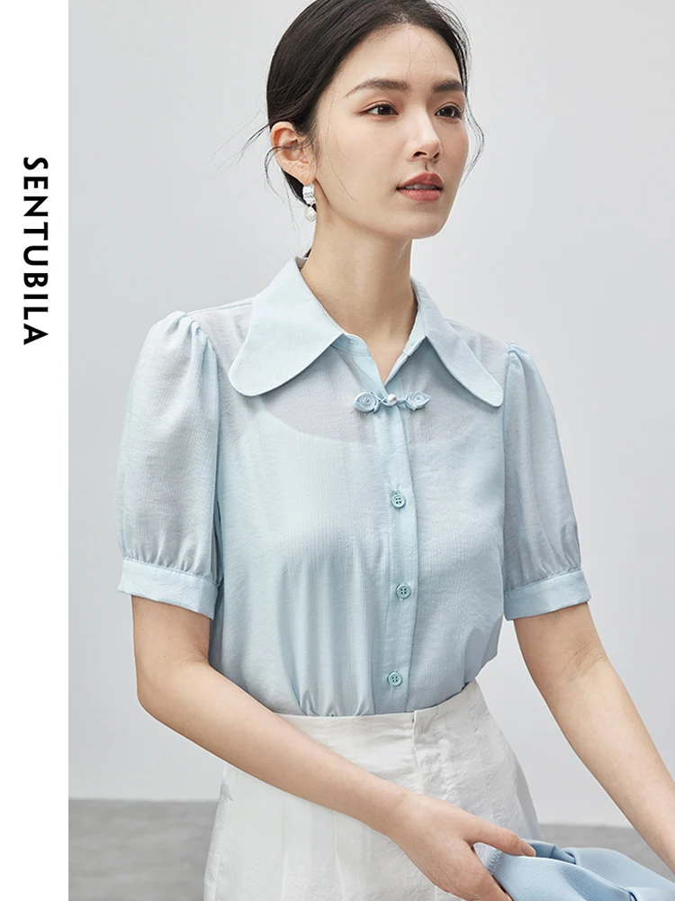 SENTUBILA Blue Short Sleeve Shirt Women Polyester Blend 2025 New Summer Office Casual Wear Turn-Down Collar Blouse W42C54869
