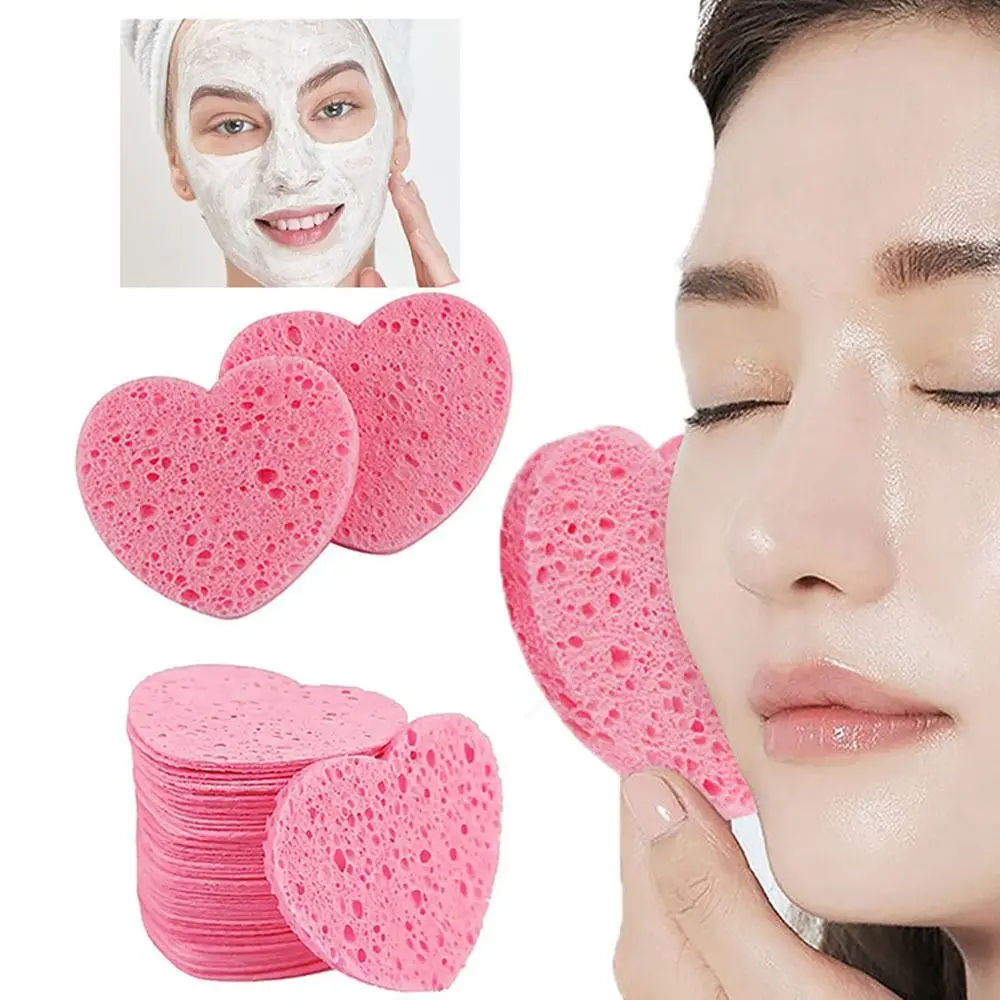 10 Pieces Pink Cosmetic Puff Heart Shaped 7mm Makeup Remover Tool Natural Face Washing Cleansing Sponge Compressed Sponge Travel