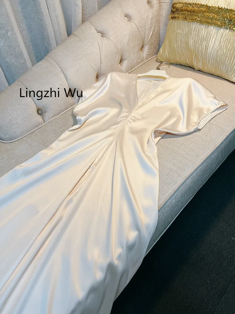 Lingzhi Wu French Elegant Laziness Noble Elegant Ladies Dropped Shoulder Sleeve Satin Folds Slim Waist Fish Tail Dresses Holiday