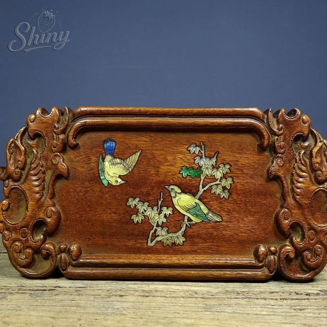 Antique Rosewood Tea Tray with Colorful Shell Inlay, Bird and Flower Motifs Solid Wood Tray Kung Fu Tea Owner's Cup Coaster