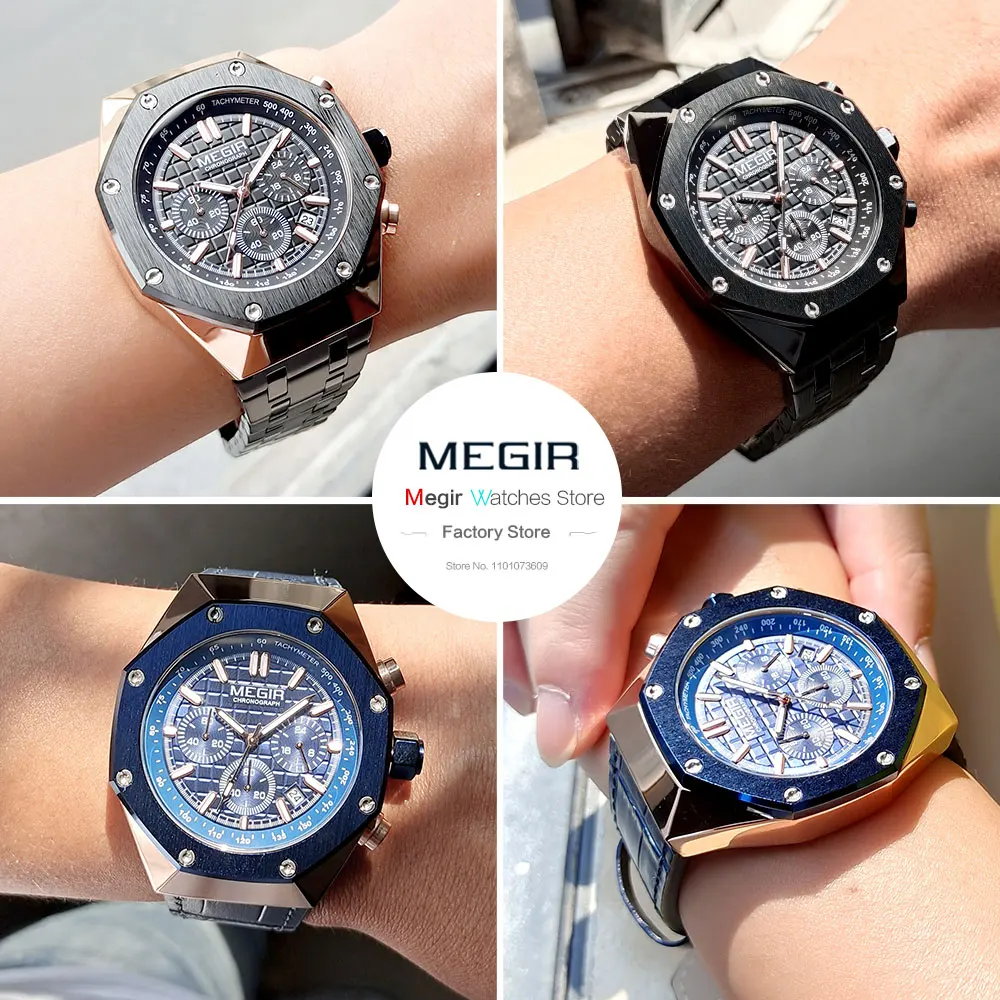 MEGIR Sport Watch for men Blue Leather Strap Waterproof Chronograph Quartz Wristwatch with Luminous Hands 24-hour Auto Date 2213