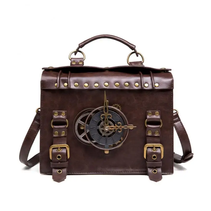 New Women Bag Steampunk Industrial Retro Single Shoulder Diagonal Bag Brown Clock Decoration Pu Faux Leather Backpack 25*24*9Cm