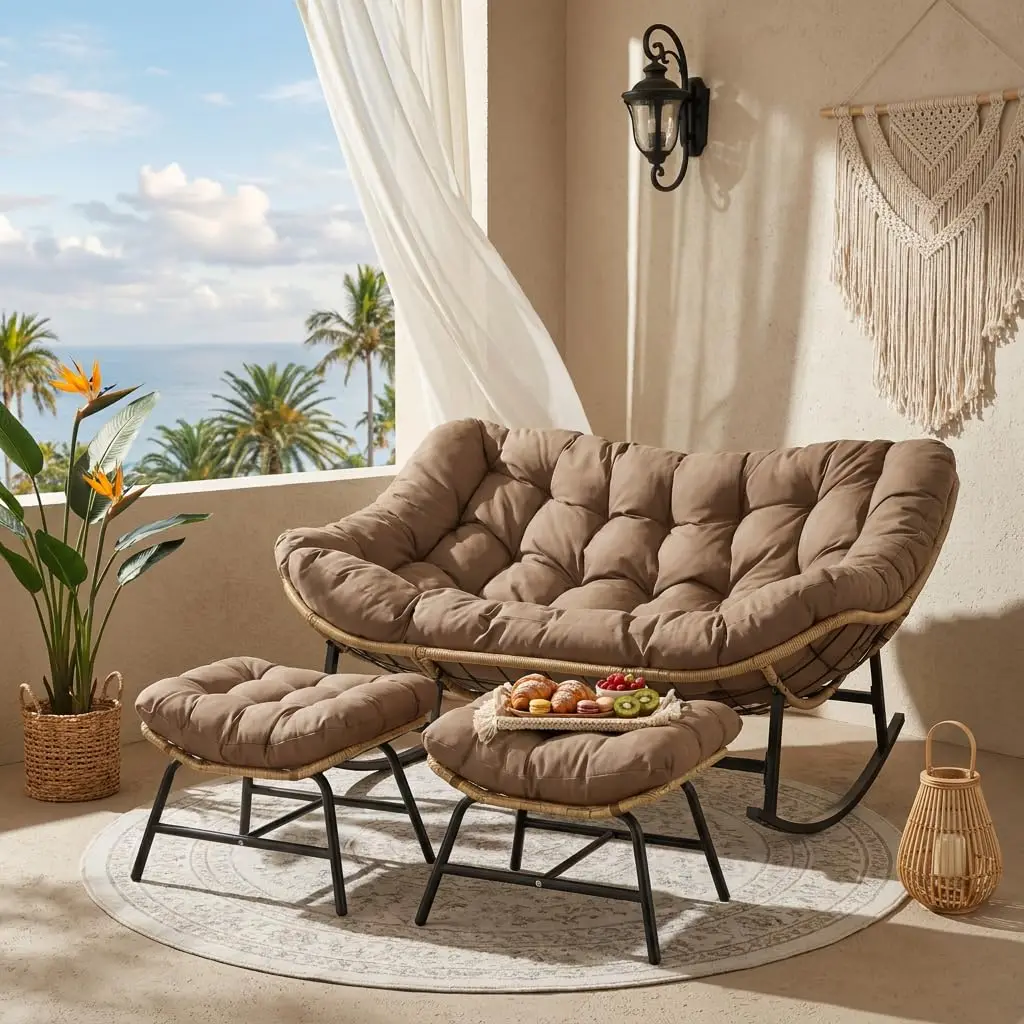 Double Papasan Rocking Chair with Ottomans, Oversized Egg Chairs, Customized