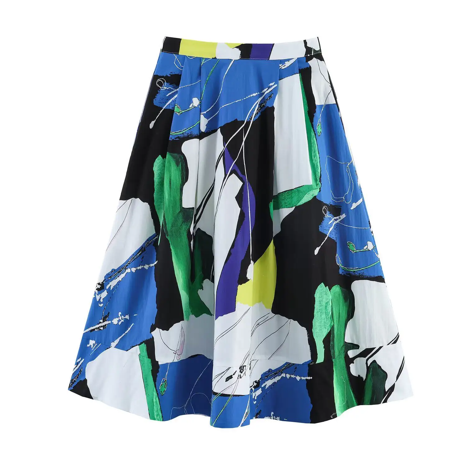 Print Pleated Midi Skirt for Women 2026 Spring New American Style Splicing Woman Clothes Personalized Fashion Mid-waist Skirts
