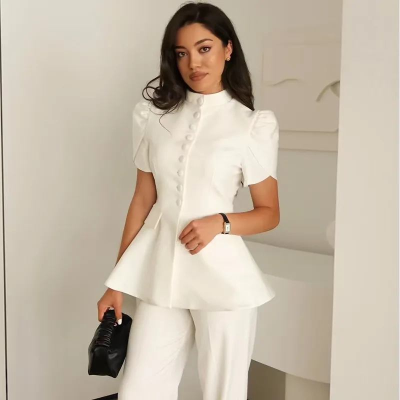 

Ele Bubble Sve Single-Breasted Waist-Cinching Suit Top Women's Faion European Sle Polyester ort Sve Stand Collar