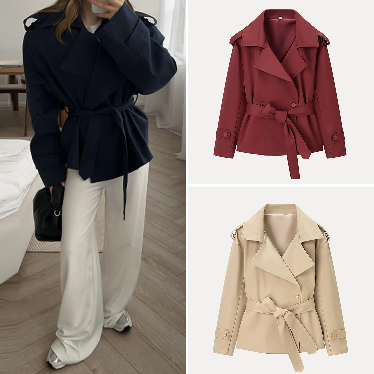 

Ele Casual Pure Color Belted ort Jaet for Women Autumn 2025 Z Stand Fit ort Outerwear Double Breasted