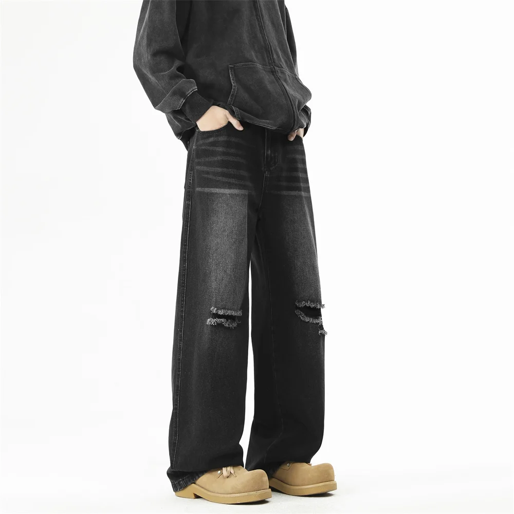 メンズハイストリートリップドジーンズ、ヴィンテージウォッシュ加工ダメージ加工ミッドライズストレートレッグカジュアルパンツ、韓国風ワイドレッグパンツ
