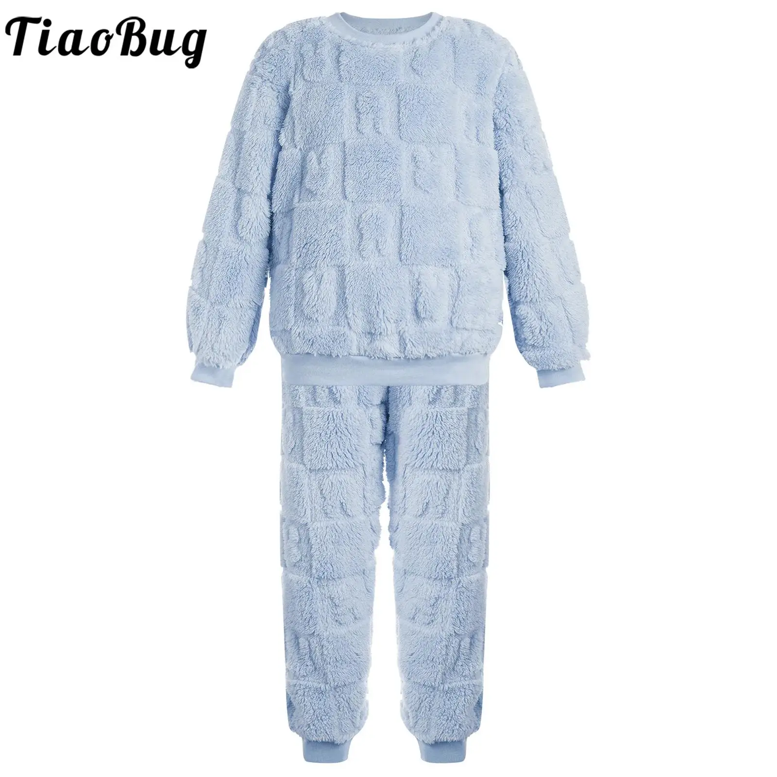 

Kids Boys Girls Flannel Pajamas Set Round Neck Long Sleeve Tops with Elastic Waistband Pants Winter Warm Homewear Loungewear