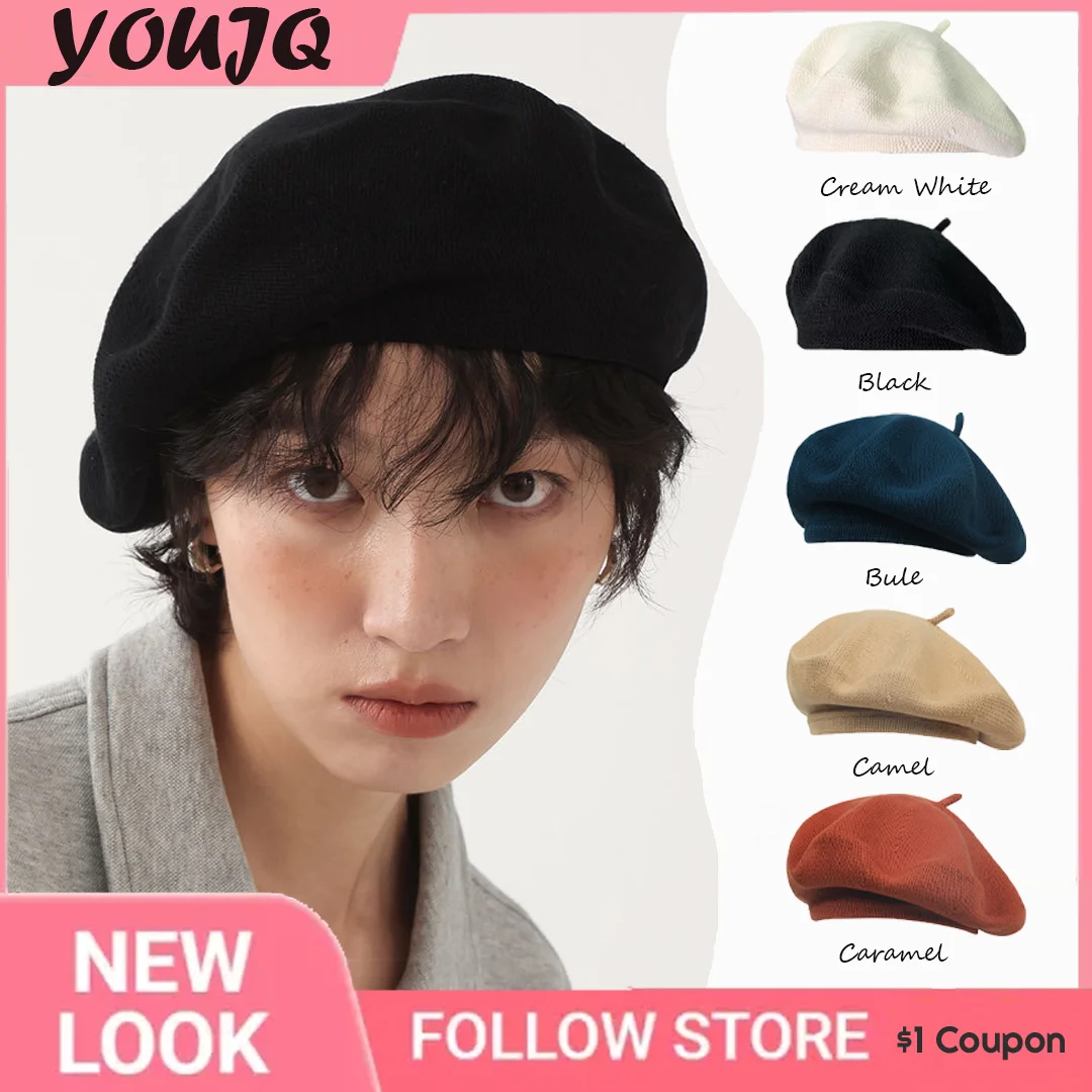 

Elegant Cream White Cotton Beret for Women Painters with Large Head Circumference and Thin Four Seasons Knitted Men's Hat