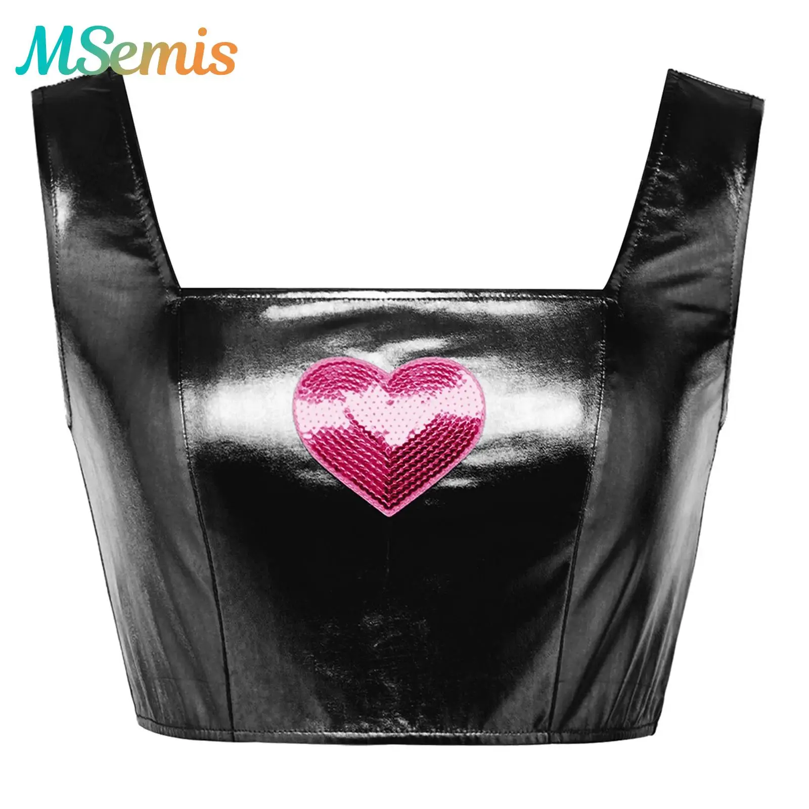 

Womens Sequined Heart Square Neck Jazz Dance Crop Top Tank Vest Metallic Shiny Camisole Crop Top Rave Party Clubwear Costume
