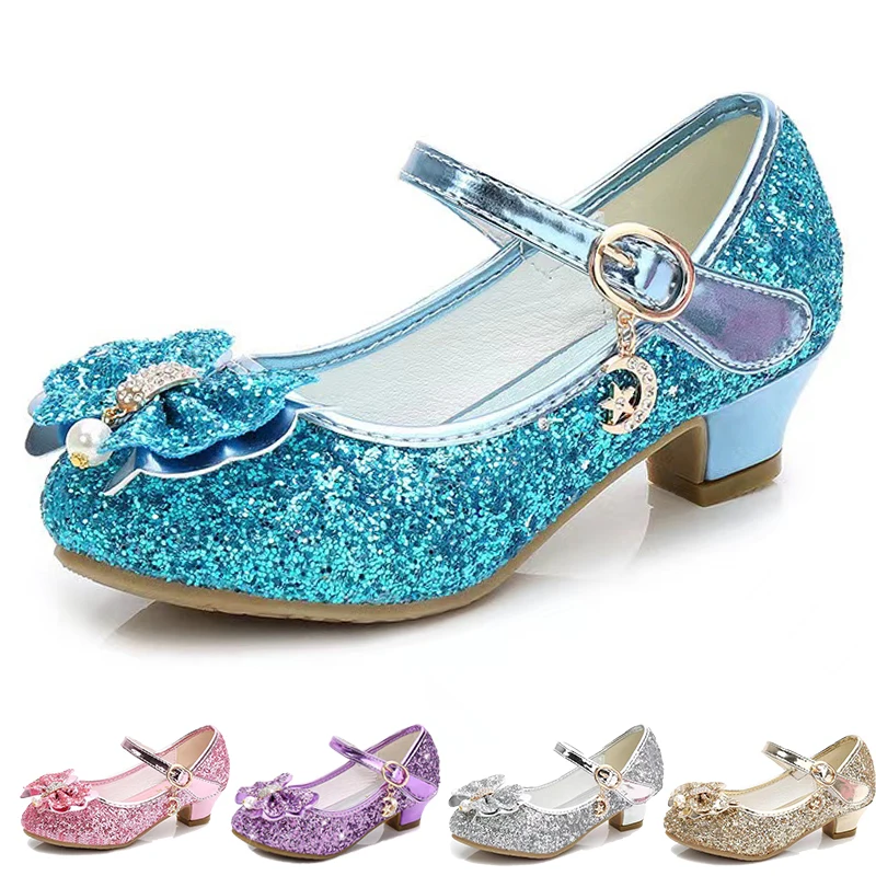 2024 Fashion Princess Butterfly Leather Shoes Girls Party Dance Bowknot Shoes Kids Diamond High Heel Children Dance Glitter Shoe