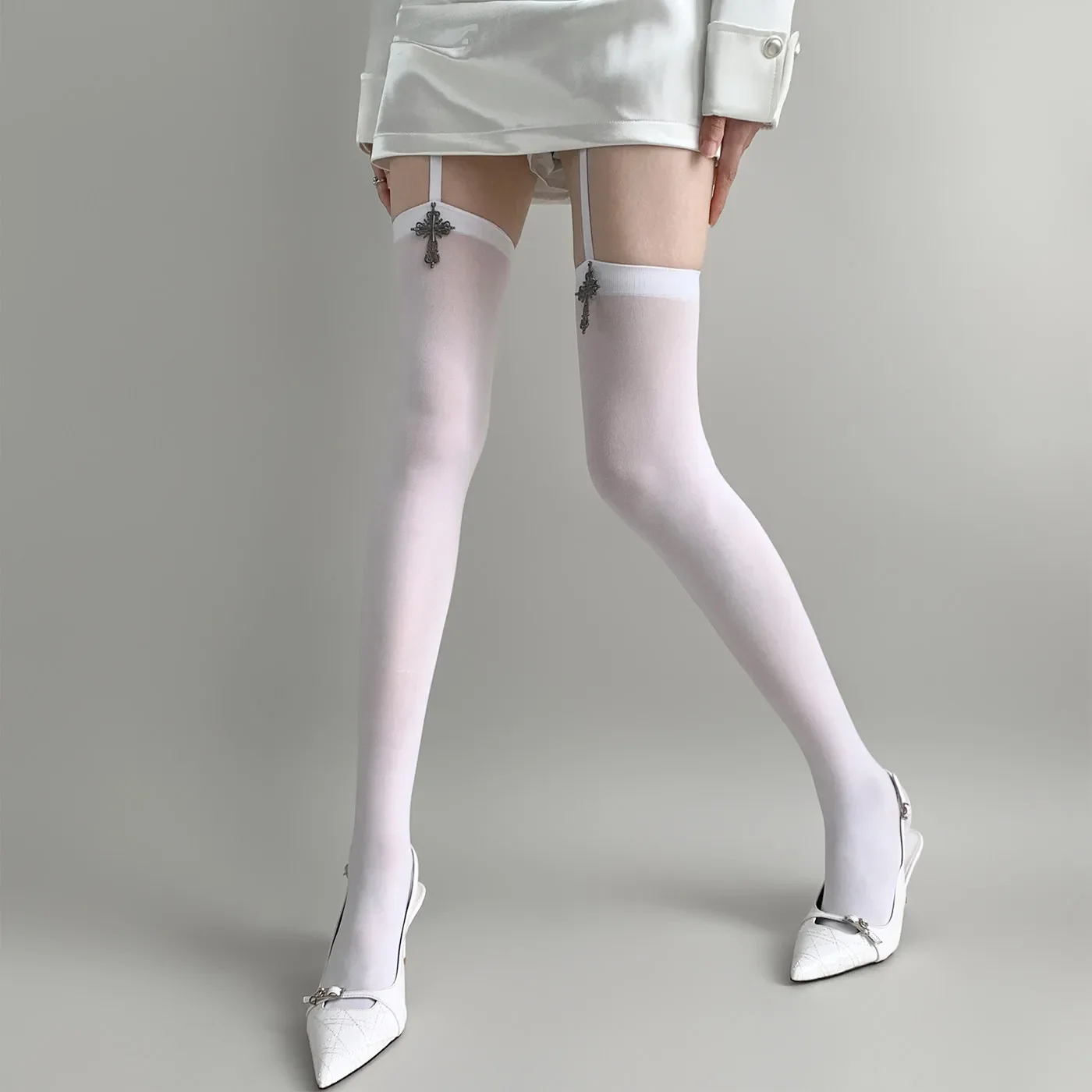 Women Thigh High Stockings Cross Charm Garter Strap Matte Over Knee Socks Gothic Nylon Hosiery Sexy Y2K Fashion Long Mesh Cute