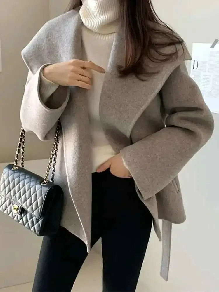 Big Turn-down Collar Long Sleeve Double-faced Cashmere Coat Lace-up Chic Women Winter Woolen Coats 2025 Autumn New