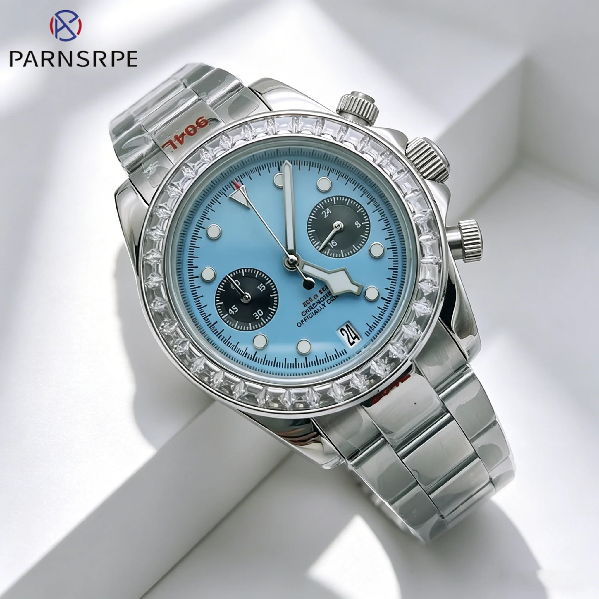Luxury 40mm Diamond-set Case Quartz VK64 Quartz Men's watches 6 O'clock Date Waterproof Sapphire Crystal quartz watch