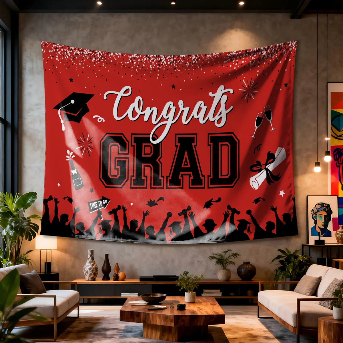 Red Congrats Grad Tapestry, Graduation Party Backdrop with Cap & Diploma, College Celebration Wall Hanging Decor Gift