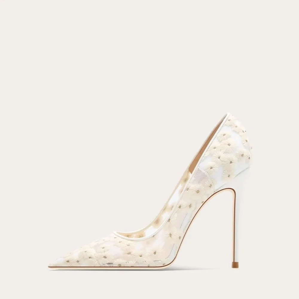 

Elegant White Embroidered High Heels for Women Summer Floral Lace Dress Shoes