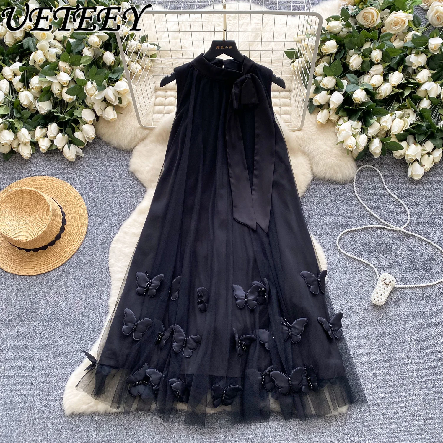 

Vacation Gentle Neckline Bow Straps Neck Sleeveless Dress Female French Three-dimensional Butterfly Mesh Dress Summer Vestidos