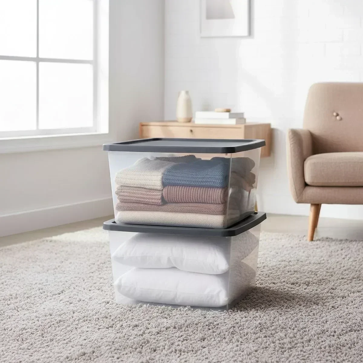Large Clear Storage Containers 64 Quart Gray Lids Stackable Home Office Garage Organizer 2 Pack