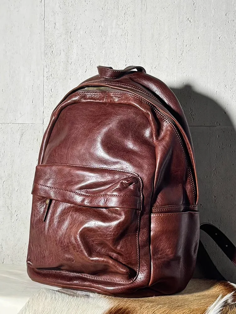 Simple luxury designer handmade genuine leather large capacity men's women's backpack outdoor travel cow leather laptop bagpack