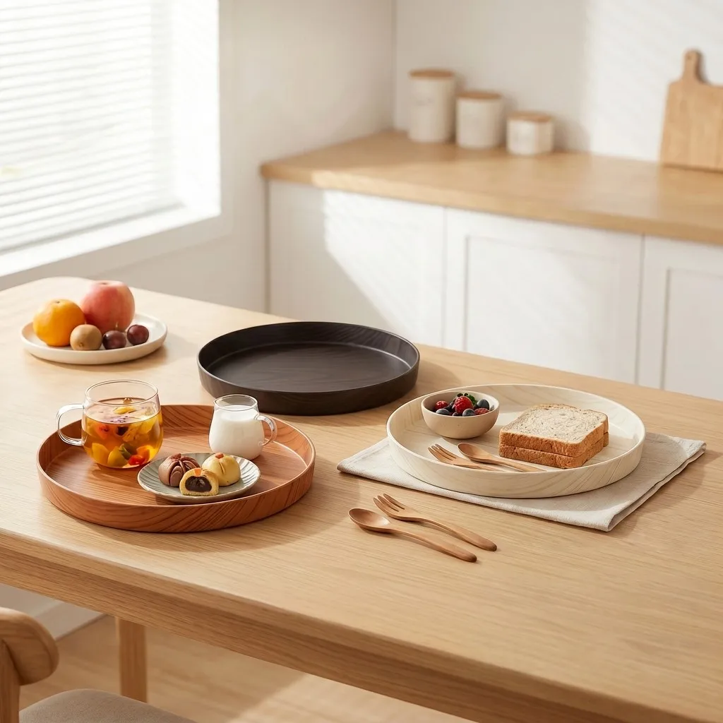 Round Wood Grain Serving Tray Decorative Food Plate Tableware Breakfast Tea Coffee Dessert Platter Stackable Kitchen Dishes