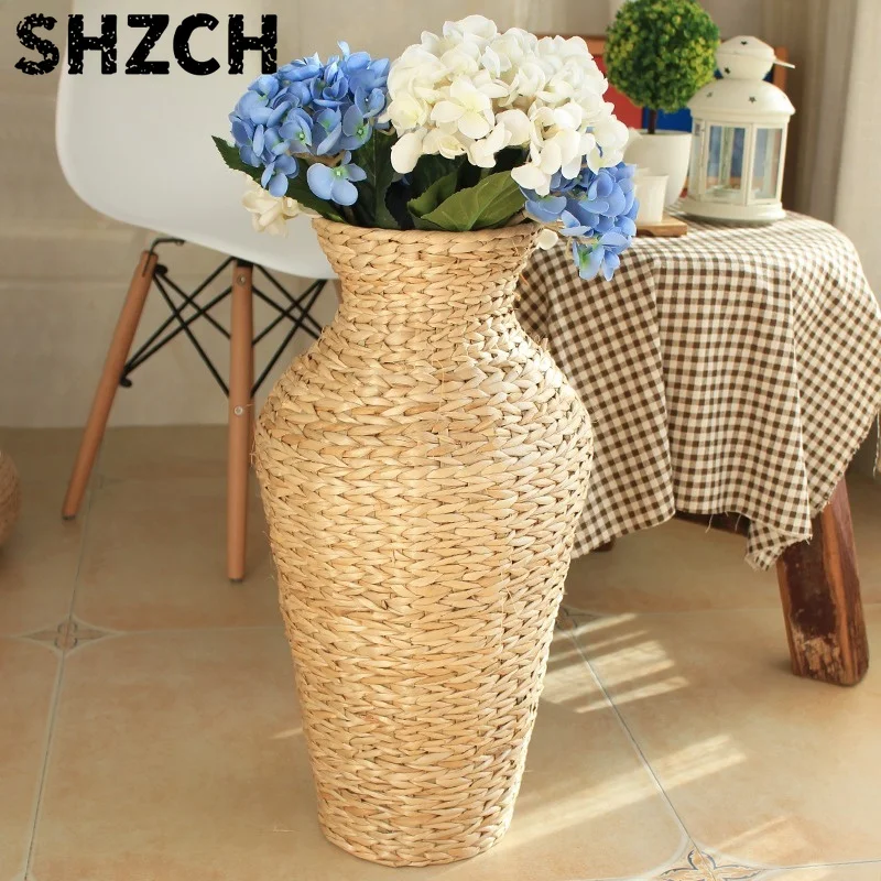 Handmade Creative Straw Weaving Floor-to-ceiling Rattan Vase Ornament Living Room Decorative Flower Arrangement Pot Large Vases