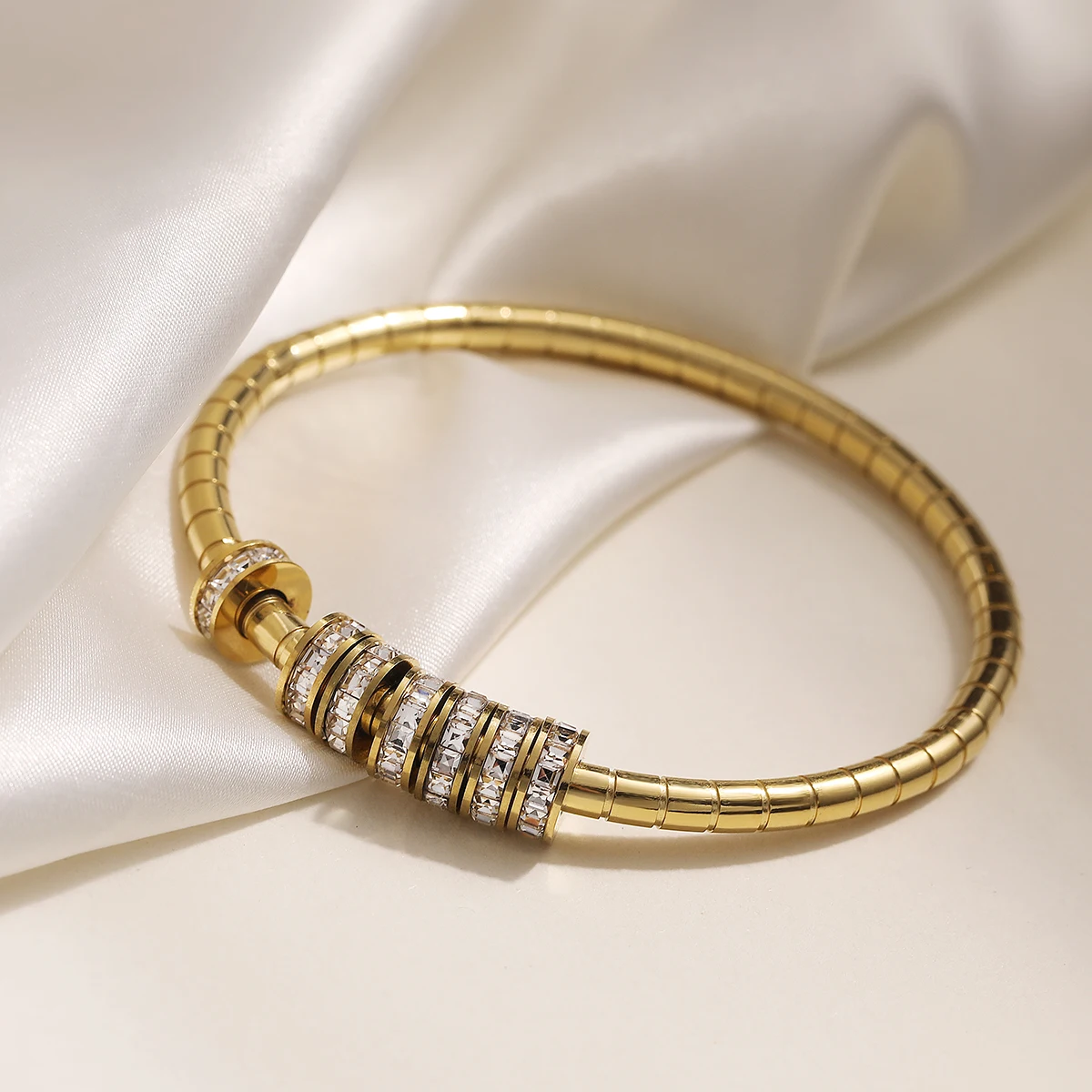 316L Stainless Steel Gold Bangle Cubic Zirconia Rotatable Bead Cuff Bracelet Waterproof Luxury Women Stackable Jewelry Gift