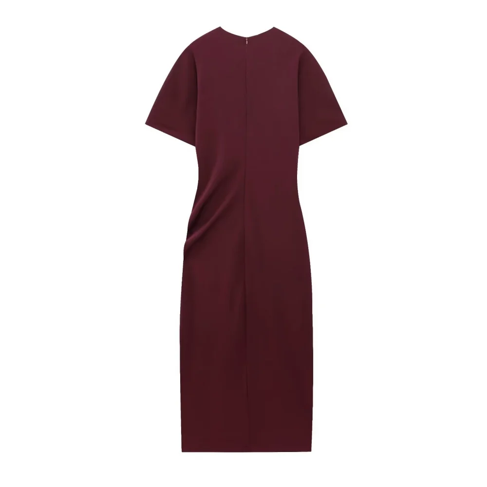 Plissado cor sólida fino ajuste midi vestido em torno do pescoço manga curta fenda zíper verão nova moda feminina vestido longo