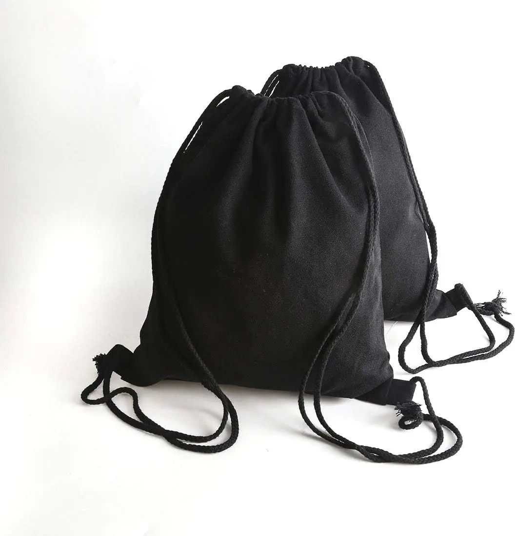 Baumwoll-Canvas-Rucksack mit Kordelzug, Fitnessstudio, Sackpack, Sport-String-Sackpack, Aufbewahrung, Geschenktasche, 2 Stück, Schwarz, 34,5 x 40 cm, lässig – Detail 6