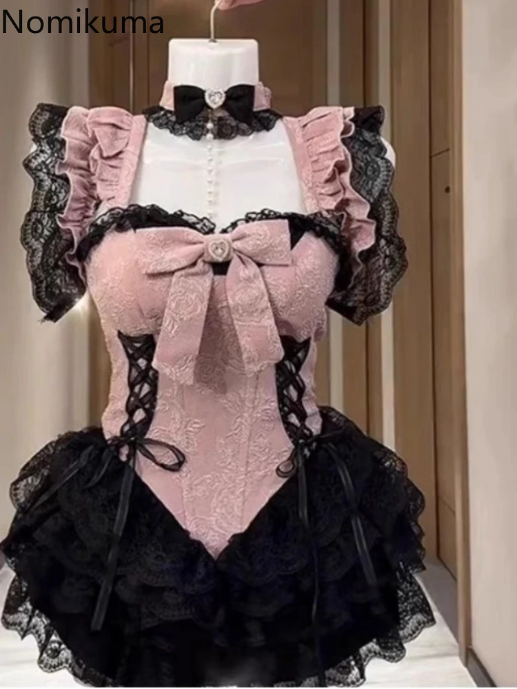 

Mini Dresses for Women Lolita Style Patchwork Lace Tunic Robe Femme Square Collar Ruffles Bow Sweet Dress 2025 Vestidos De Mujer
