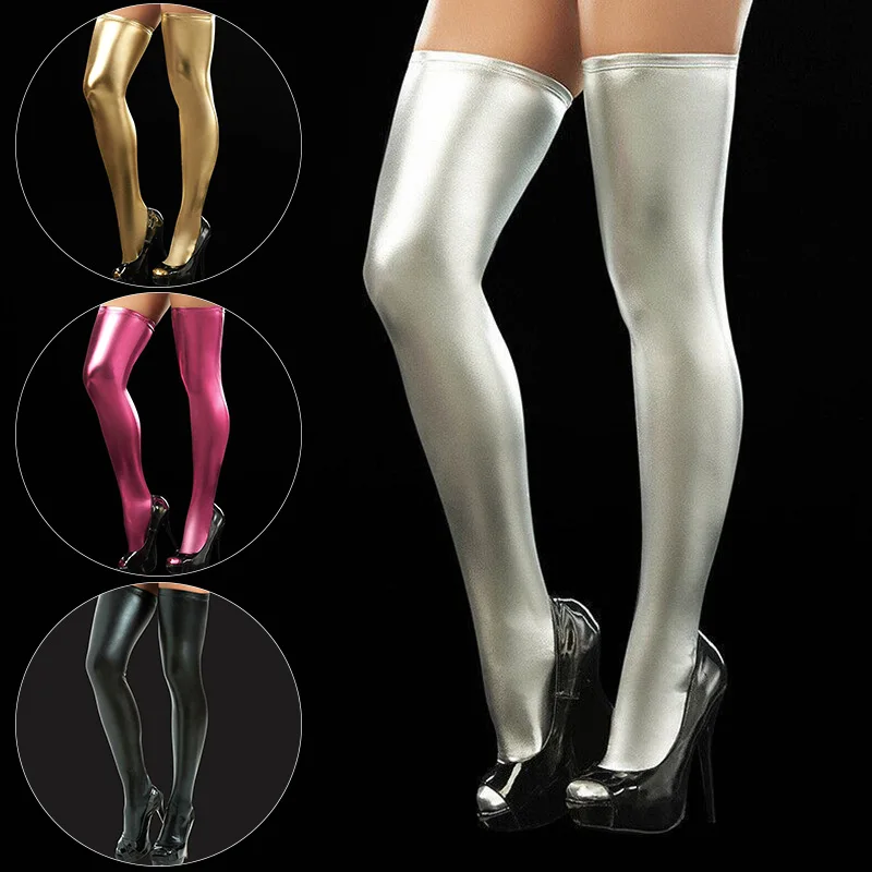 Patent Leather Stockings Solid Color Ladies Latex Thigh-high Socks Sexy Pole Dance Clubwear Long Socks Hosiery Party Accessories