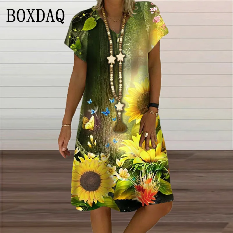 

2023 New Summer Plant Flowers Sunflower 3D Print Dresses Oversized Women Clothes Short Sleeve V-Neck Loose Dress Casual Sundress