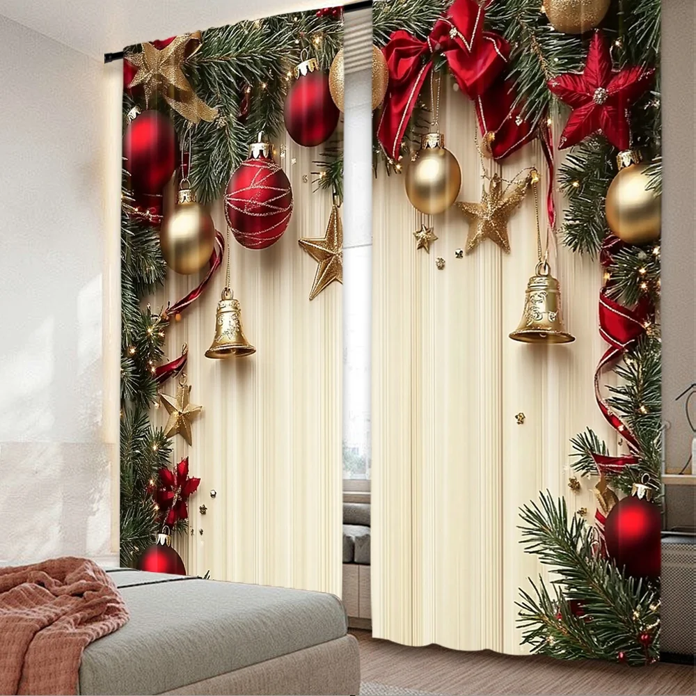 2 Stück 2D-Flachdruck-Weihnachtsvorhänge, Urlaubs-Eleganz, langlebige Polyesterfaser, Partydekorationen für Partys im Eingangsbereich