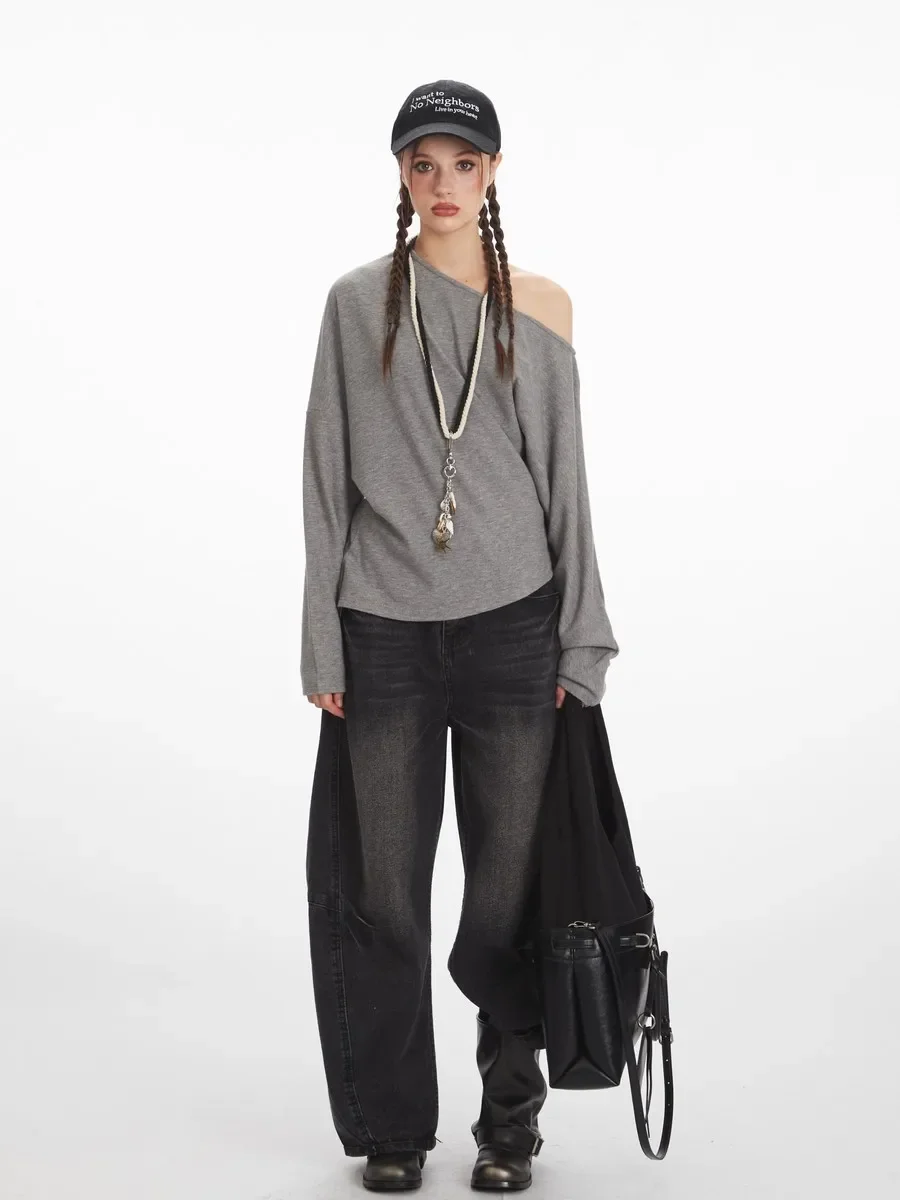 

Asymmetrical Off-shoulder Decollete Bodywear Womens Girl's Spring Antumn T-Shirts Long Sleeve Slim Fit Office Elegant Tops