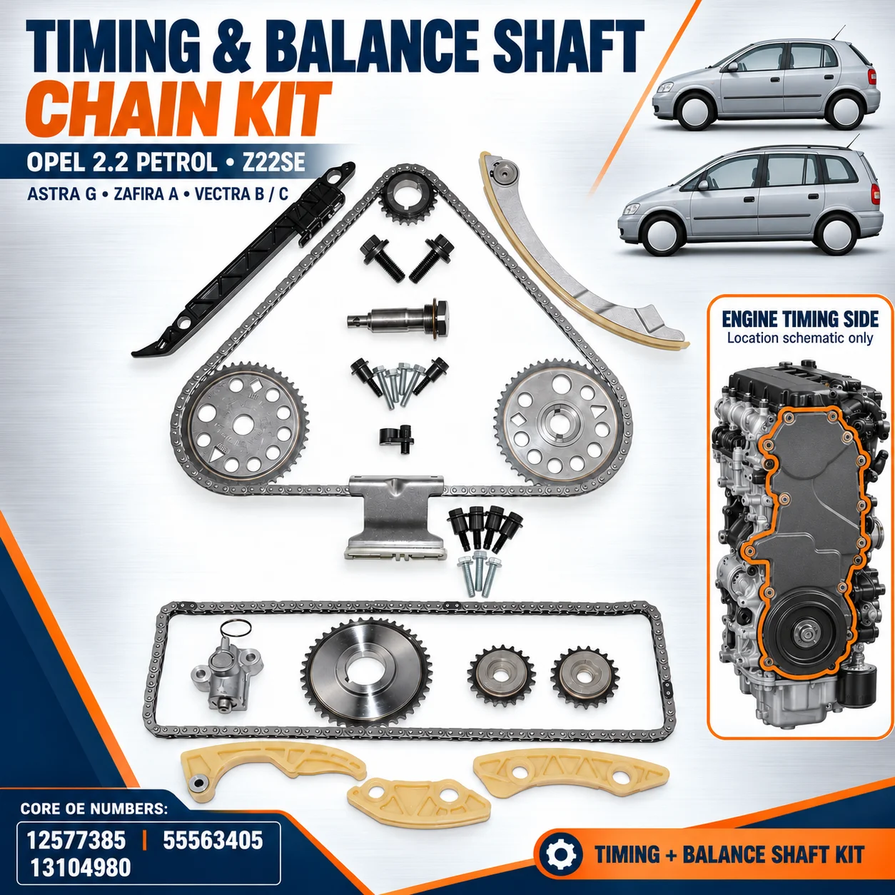 Image of AP02 Motor-Steuer- und Ausgleichsketten-Kit für Opel Astra G Insignia A Vectra B C Zafira A B 2.0 2.2 Z22SE A20NFT A20NHT Z22YH 12577385 55563405 13104980 12576644 24447497 90537843