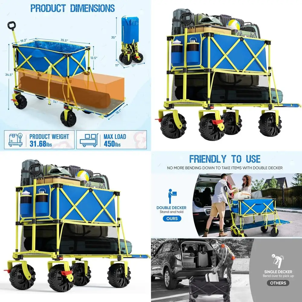 

Складной двухэтажный пляжный фургон с тормозами, удлиненный палуб 54, грузоподъемность 450 фунтов, вездеходные большие колеса для песка, лагеря