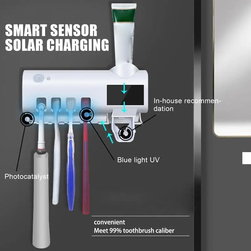 Soportes para cepillos de dientes montados en la pared, 4 ranuras para cepillos de dientes, soporte para cepillos de dientes con luz UV, dispensador exprimidor de pasta de dientes automático