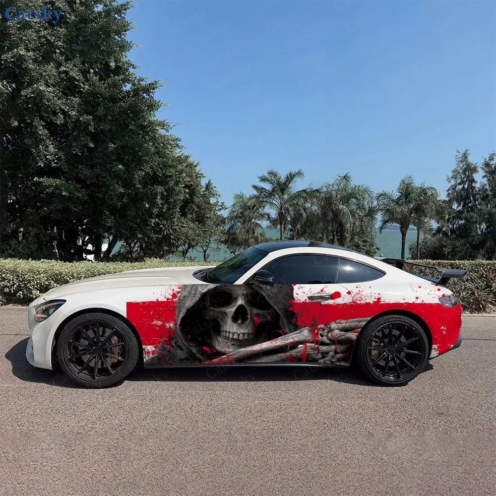 2pcs Scarlet Splatter Hooded Skeleton Car Side Wraps, Self-Adhesive PVC Waterproof & Scratch-Resistant Stickers, Car Accessory