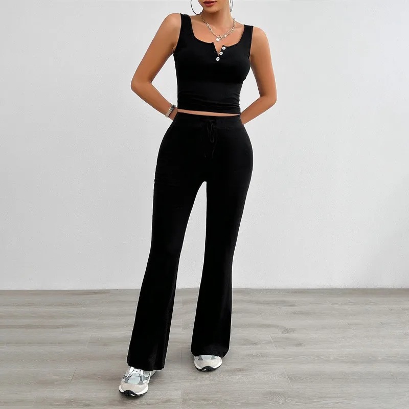 

Women's Sports Casual Solid Crop Tank Top & Drawstring Pants Set Female Clothes 2024 Summer Women Fashion Slim Trousers Outfits