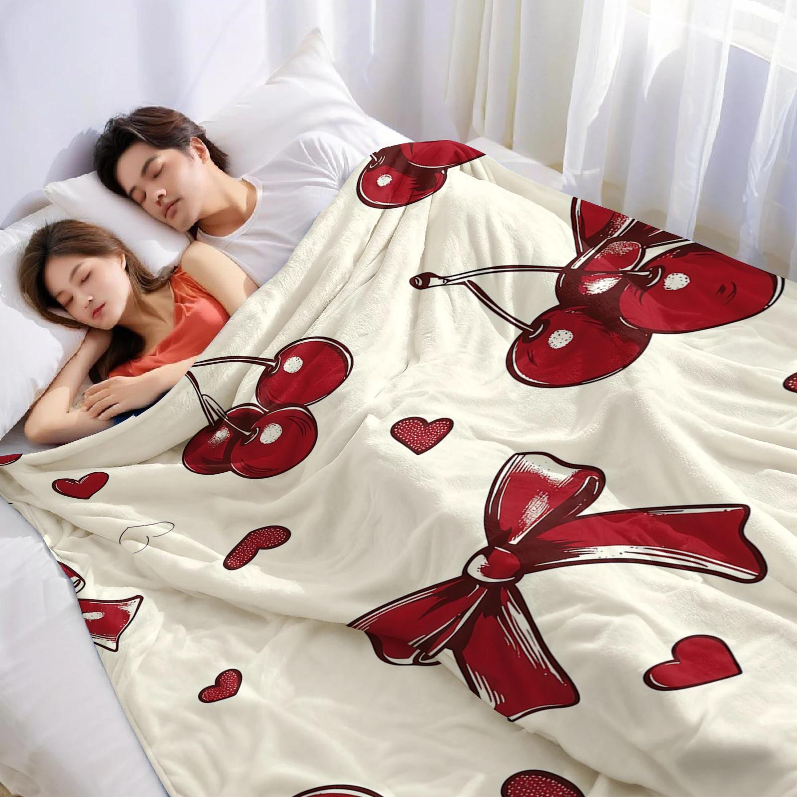 Vintage Red Cherry Bow Cartoon Anime Print Flannel Blanket Soft Warm Throw for Kids Bedroom Sofa Bed Christmas Office Car