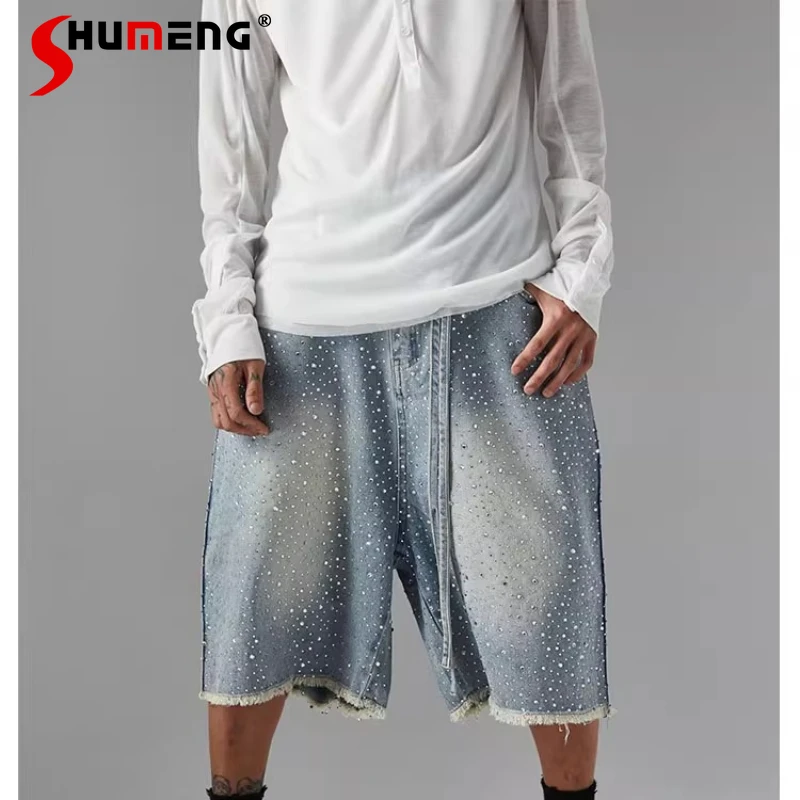 

2025 Men's Summer New Starry Sky Rhinestone Denim Shorts High-End Loose Denim Shorts Male Handsome Pocket Decoration Short Jeans