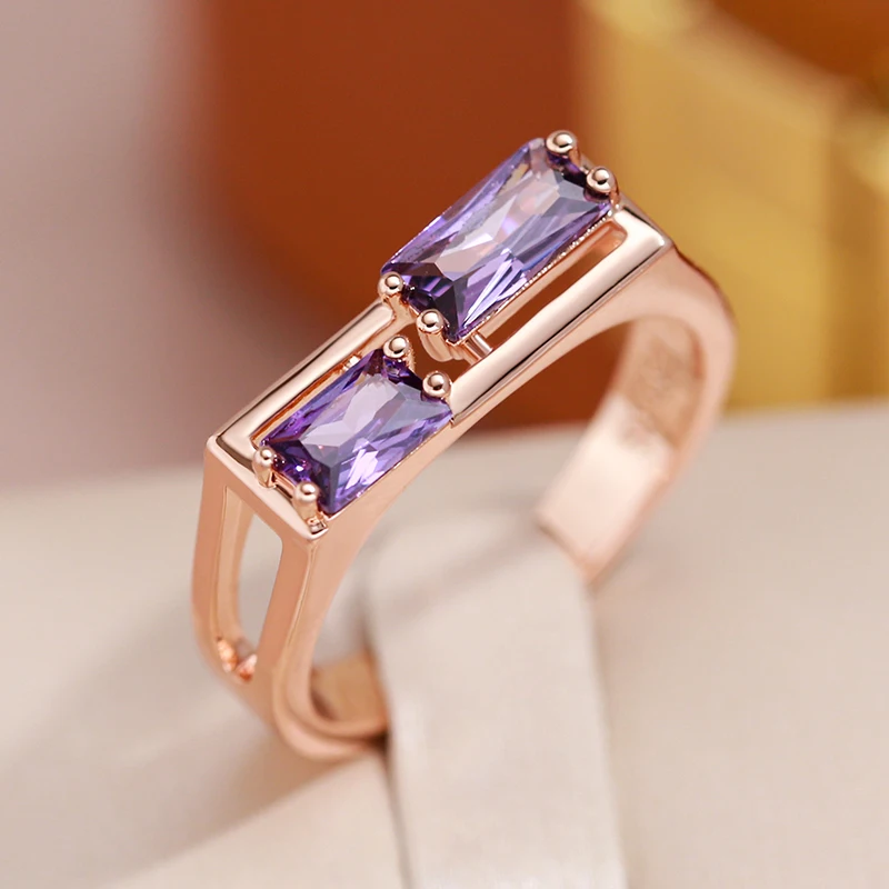 JULYDREAM Prong Inlay Purple Zircon Hollow Geometric Rings for Women 585 Gold Color Light Luxury Jewelry Party Daily Accessories