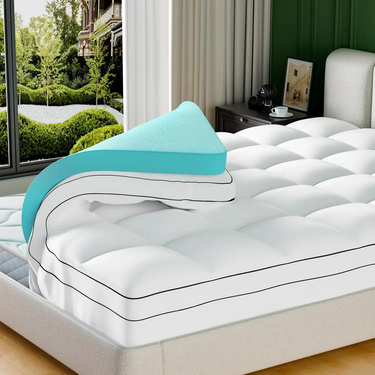 

King Size Memory Foam Mattress Topper 4 Inch Dual Layer Cooling Gel Pillow Top with Deep Pocket 8-21 Inch