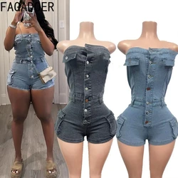 FAGADOER Sexy Denim Off Shoulder Bodycon One Pieces Rompers Women Button Sleeveless Slim Cargo Jeans Jumpsuits Fashion Overalls