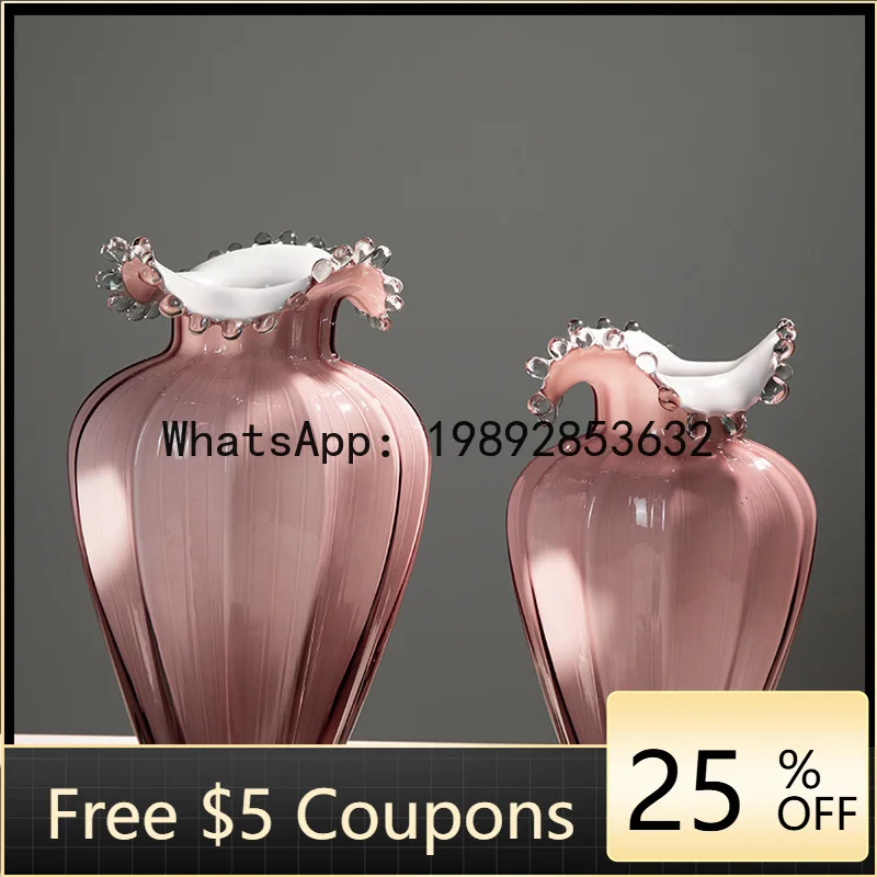 

Z4 Home Decor Model Room Water Drop Wave Vase Grape Pink Three-Dimensional Striped Vase Handmade Countertop Flower Arrangement