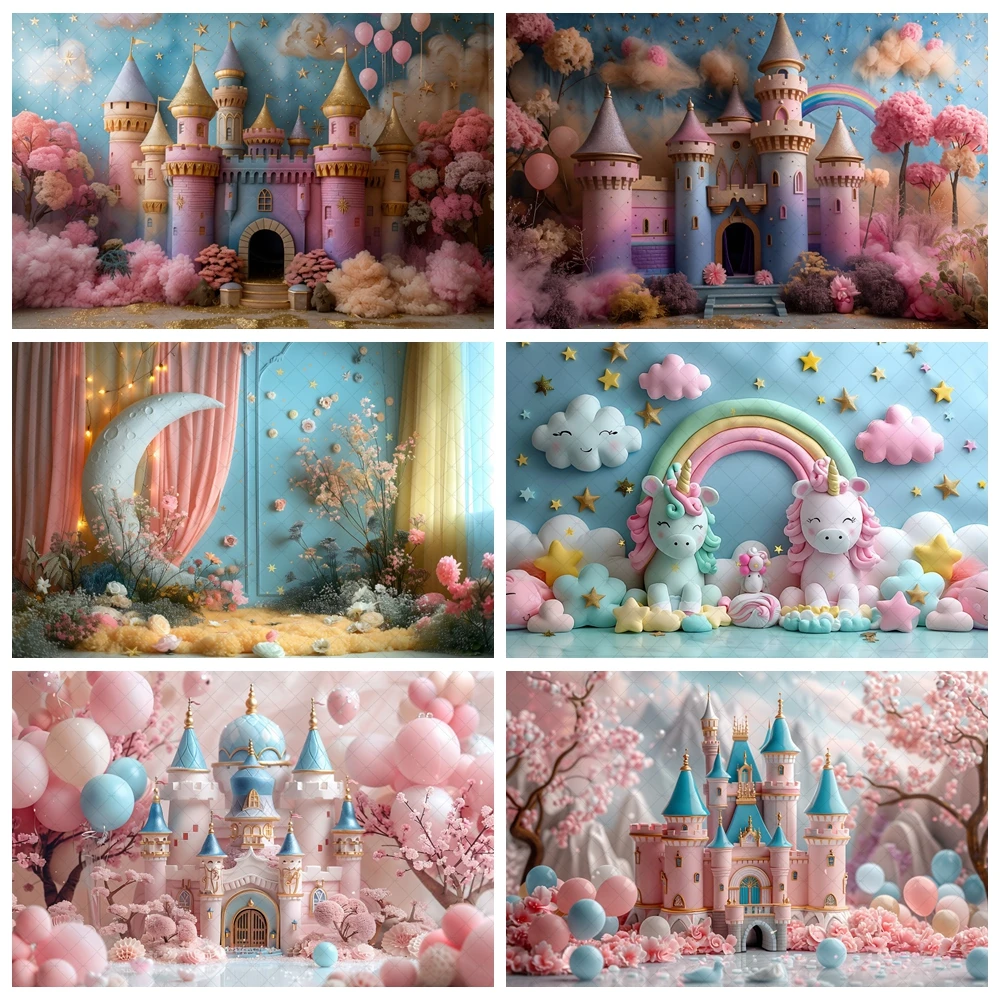 

Pink Princess Castle Photography Background Girl Birthday Party Balloon Floral Blossom Wonderland Photo Backdrop Studio