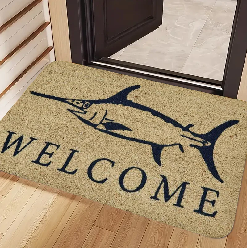 Ocean Animal Welcome Doormat Swordfish Whale Nautical Pattern Decorative Floor Mat for Front Door Indoor Outdoor Home Decor