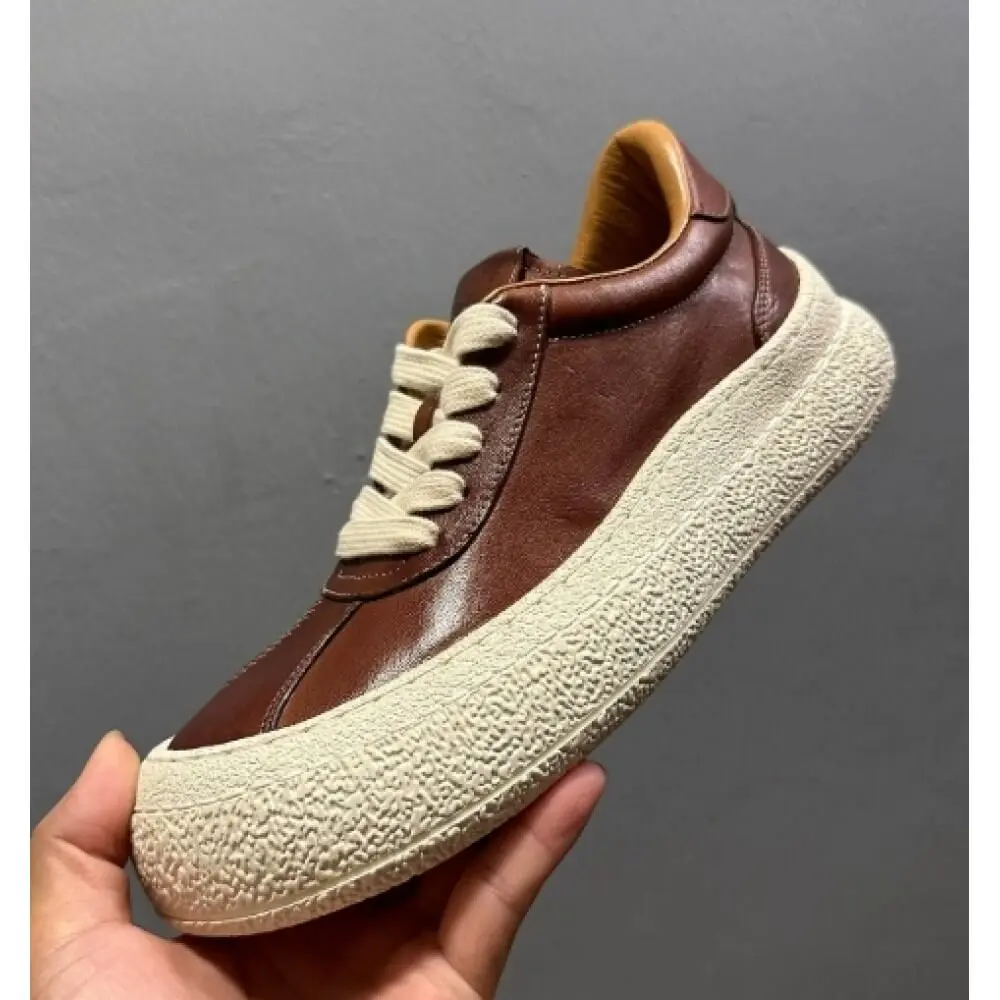 Caramel Brown Burnished Leather Platform Sneakers, with off-white laces and textured sole