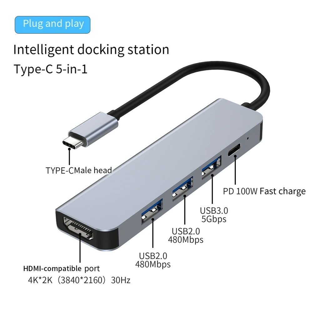 USB C Docking Station, 5-In-1 Type C Hub, with HDMI-Compatible, PD100W, 3 USB Multi-Port Adapter for Laptops,Phones