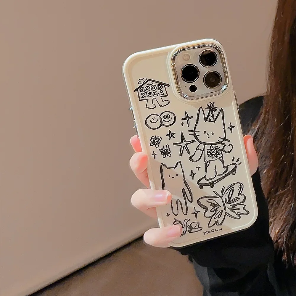 Catoon Hand Drawn Line Draft Cat Phone Case for IPhone16 15 14 12 13 11 Pro ProMax Plus X XR Shockproof Phone Cover